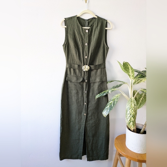 NEW Zara Linen Olive Green Sleeveless Midi Dress - Picture 2 of 9
